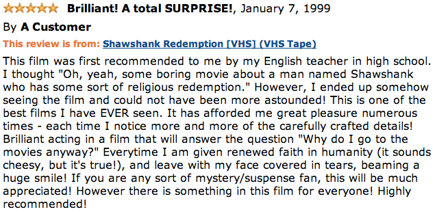 One of the earliest Amazon.com customer reviews for The Shawshank Redemption.